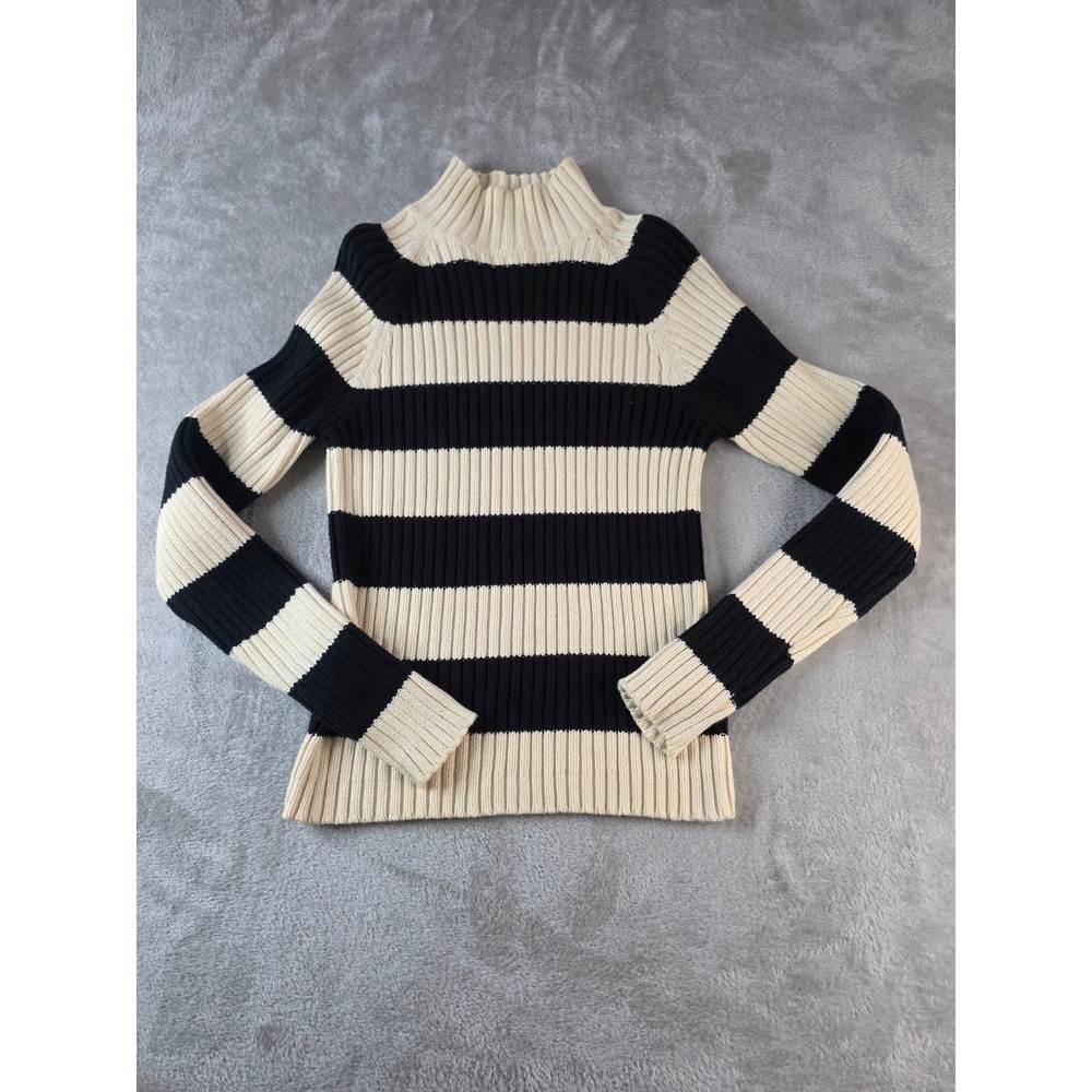 J. Crew Sweater Women Medium Black Cream Striped Mock Neck Ribbed Knit Cotton